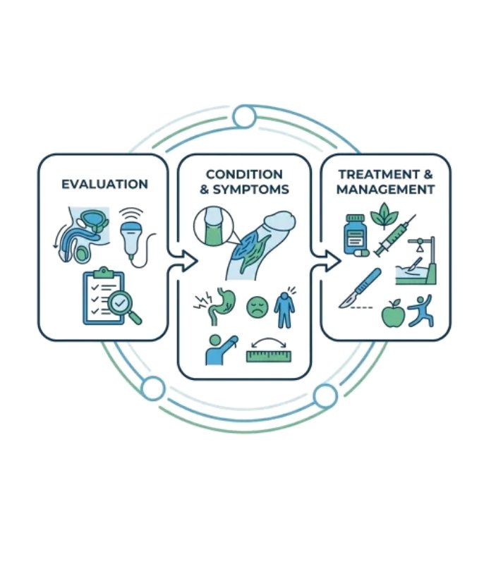 It involves the development of fibrous plaque within the penis, leading to curvature, pain, or difficulty during sexual activity. We focus on early diagnosis, symptom control, and functional improvement using medical and procedural options based on severity.